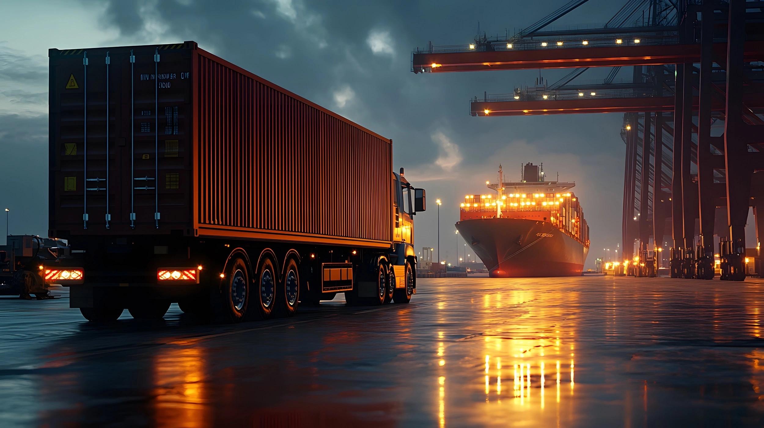 Container truck at an illuminated port terminal with a container ship at the quay