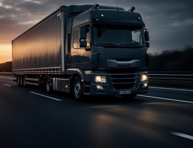 Articulated lorry on a motorway at dusk
